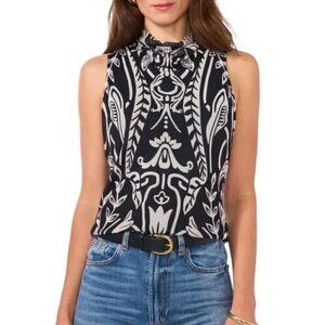 NWT VINCE CAMUTO  PRINTED-MESH BLACK WHITE  MOCK-NECK BLOUSE TOP SZ LARGE